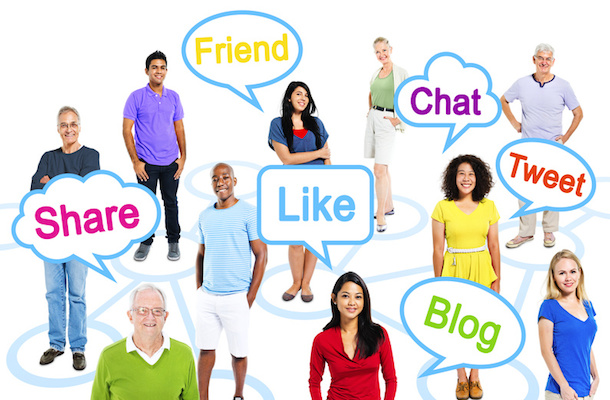 Group Of Multi-Ethnic People In A Connection Themed Picture With Speech Bubbles With Social Networking Themed Words.